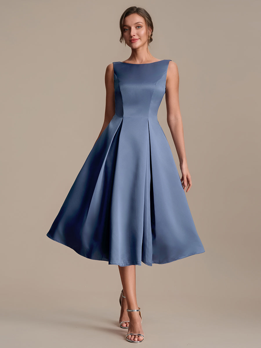 Satin Ärmellos Nicht elastisch hochzeitsgastkleid #Farbe_Taubenblau