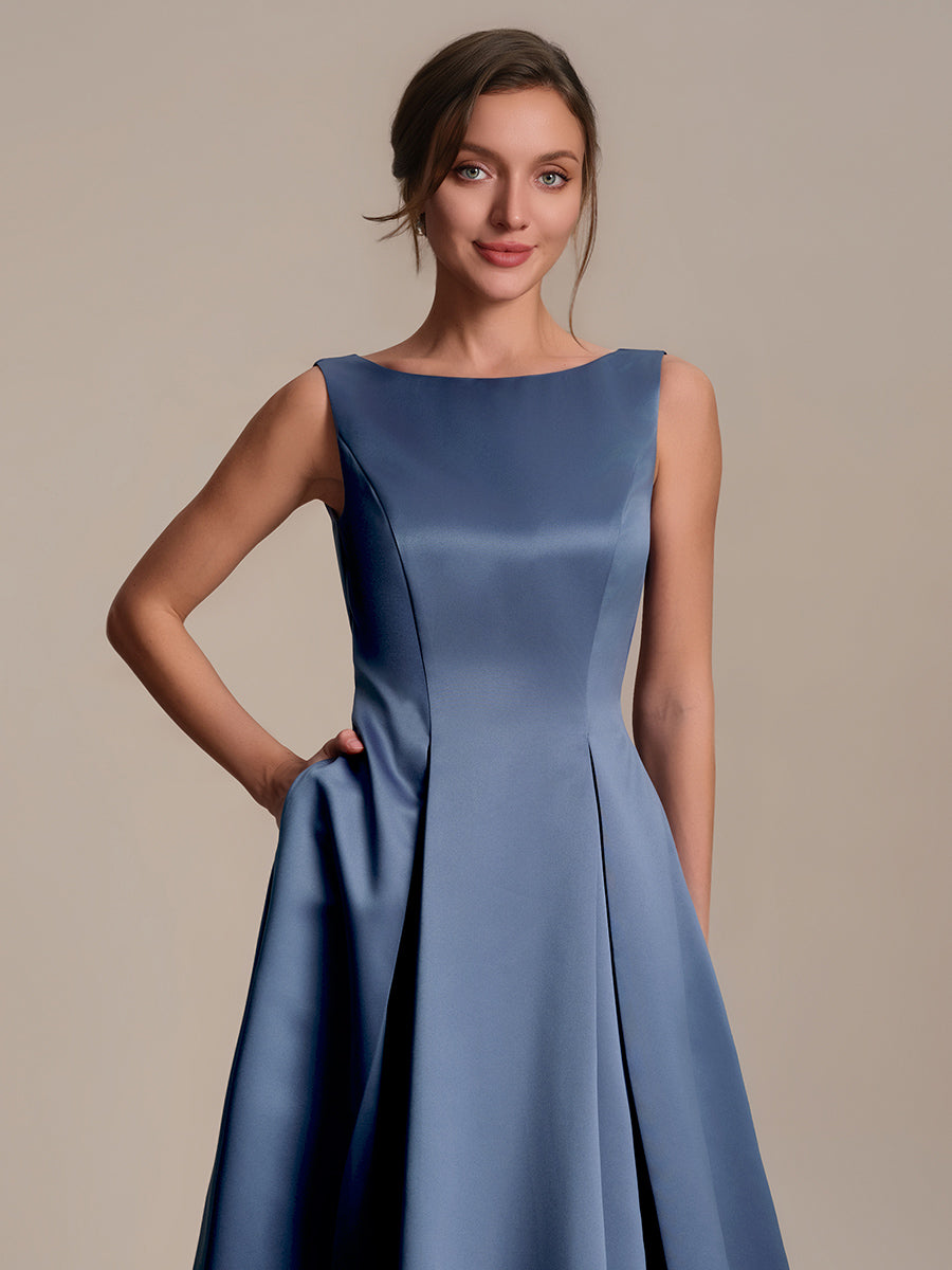 Satin Ärmellos Nicht elastisch hochzeitsgastkleid #Farbe_Taubenblau