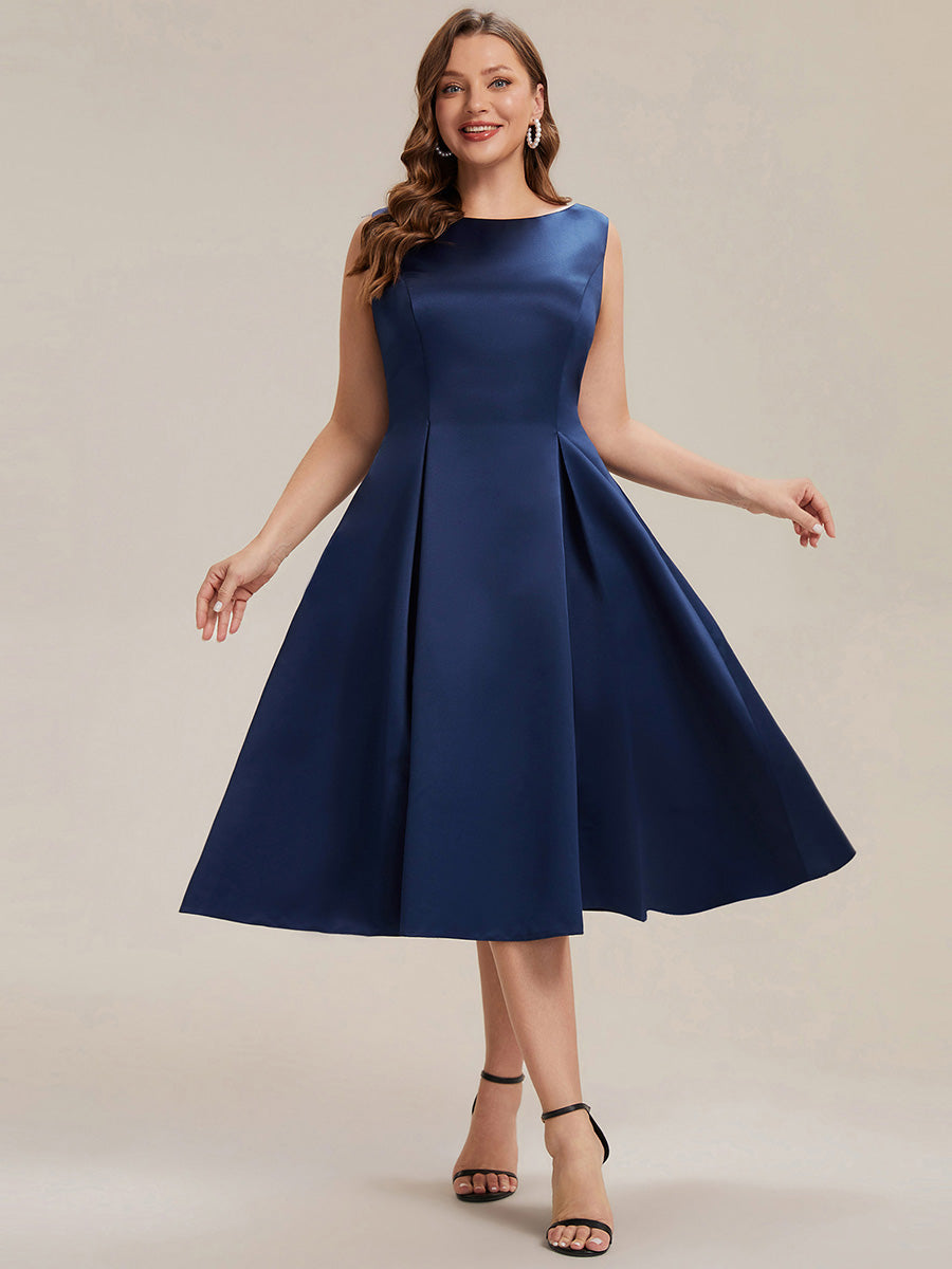 Satin Ärmellos Nicht elastisch hochzeitsgastkleid #Farbe_Marineblau