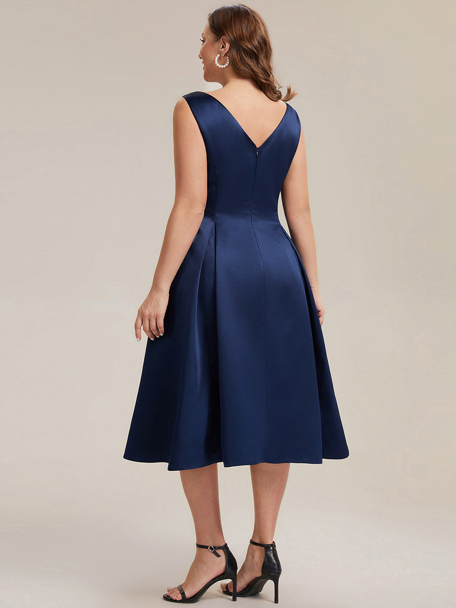 Satin Ärmellos Nicht elastisch hochzeitsgastkleid #Farbe_Marineblau