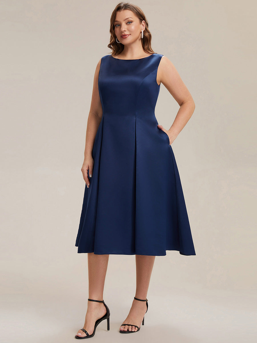 Satin Ärmellos Nicht elastisch hochzeitsgastkleid #Farbe_Marineblau
