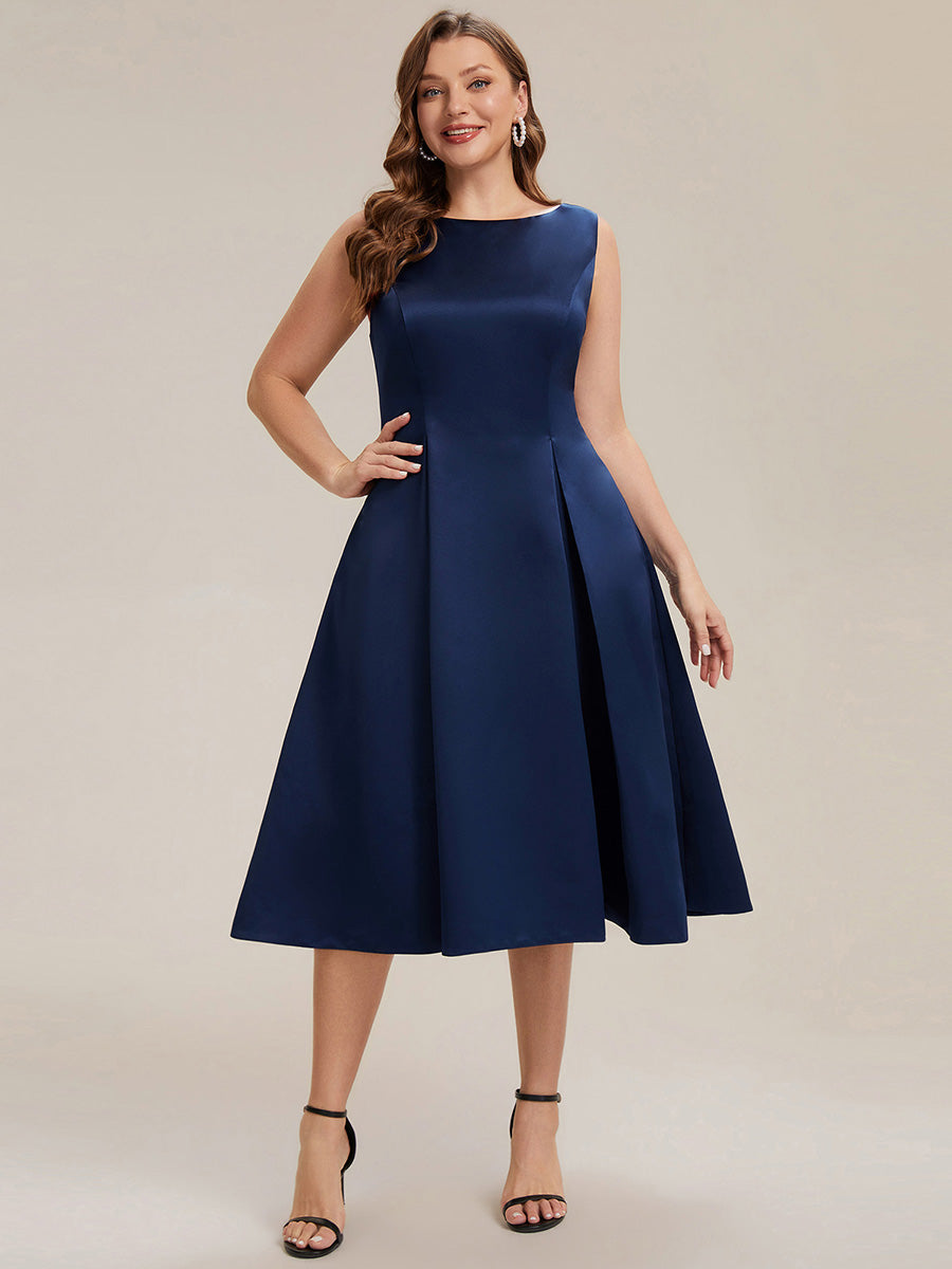 Satin Ärmellos Nicht elastisch hochzeitsgastkleid #Farbe_Marineblau