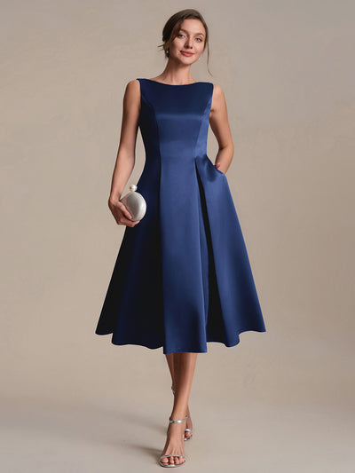 Satin Ärmellos Nicht elastisch hochzeitsgastkleid #Farbe_Marineblau