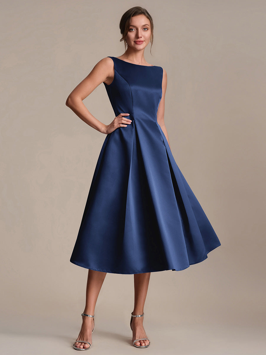 Satin Ärmellos Nicht elastisch hochzeitsgastkleid #Farbe_Marineblau