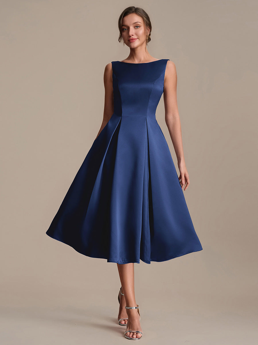 Satin Ärmellos Nicht elastisch hochzeitsgastkleid #Farbe_Marineblau