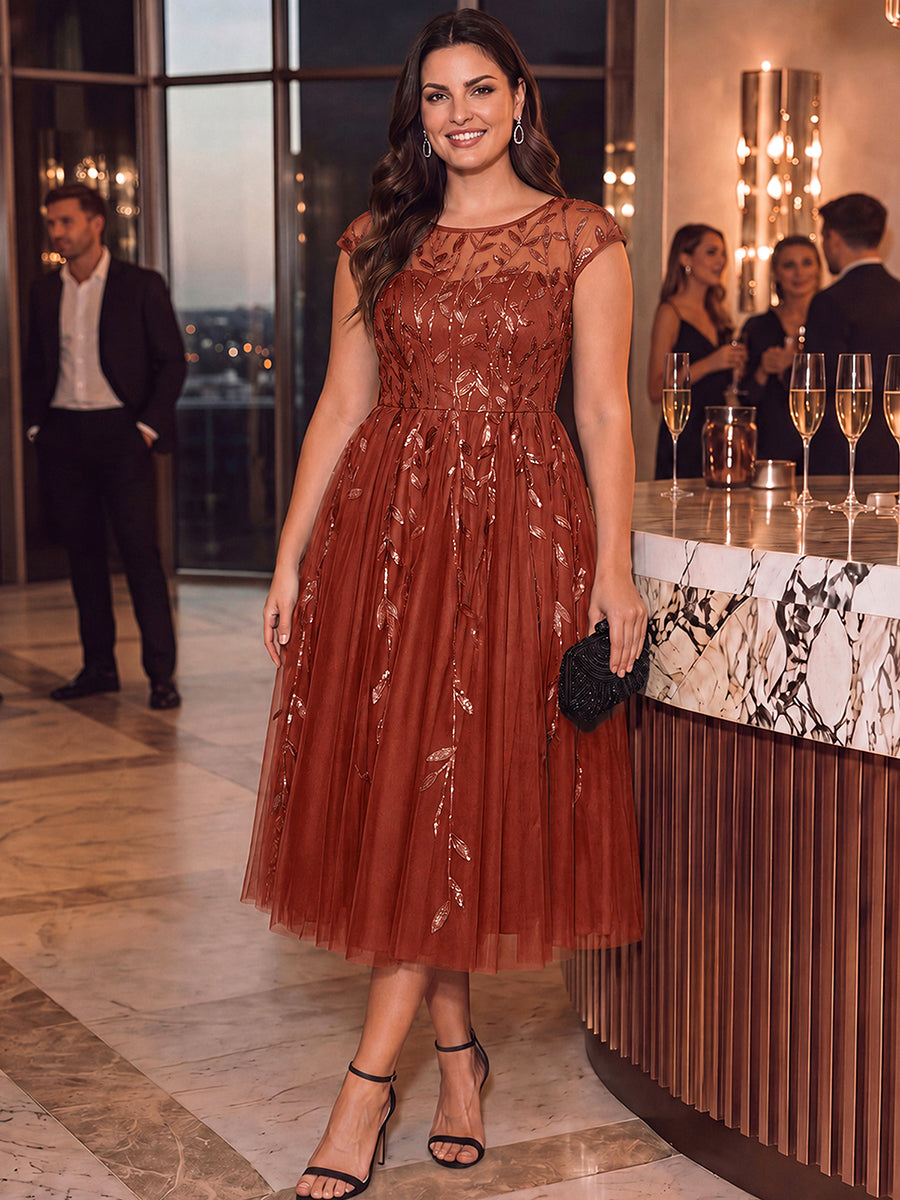 Tea L?nge A Linie Kleid Mit Rundhalsausschnitt Transparente Gestaltung Und Pailletten Kleid #Farbe_Gebranntes Orange