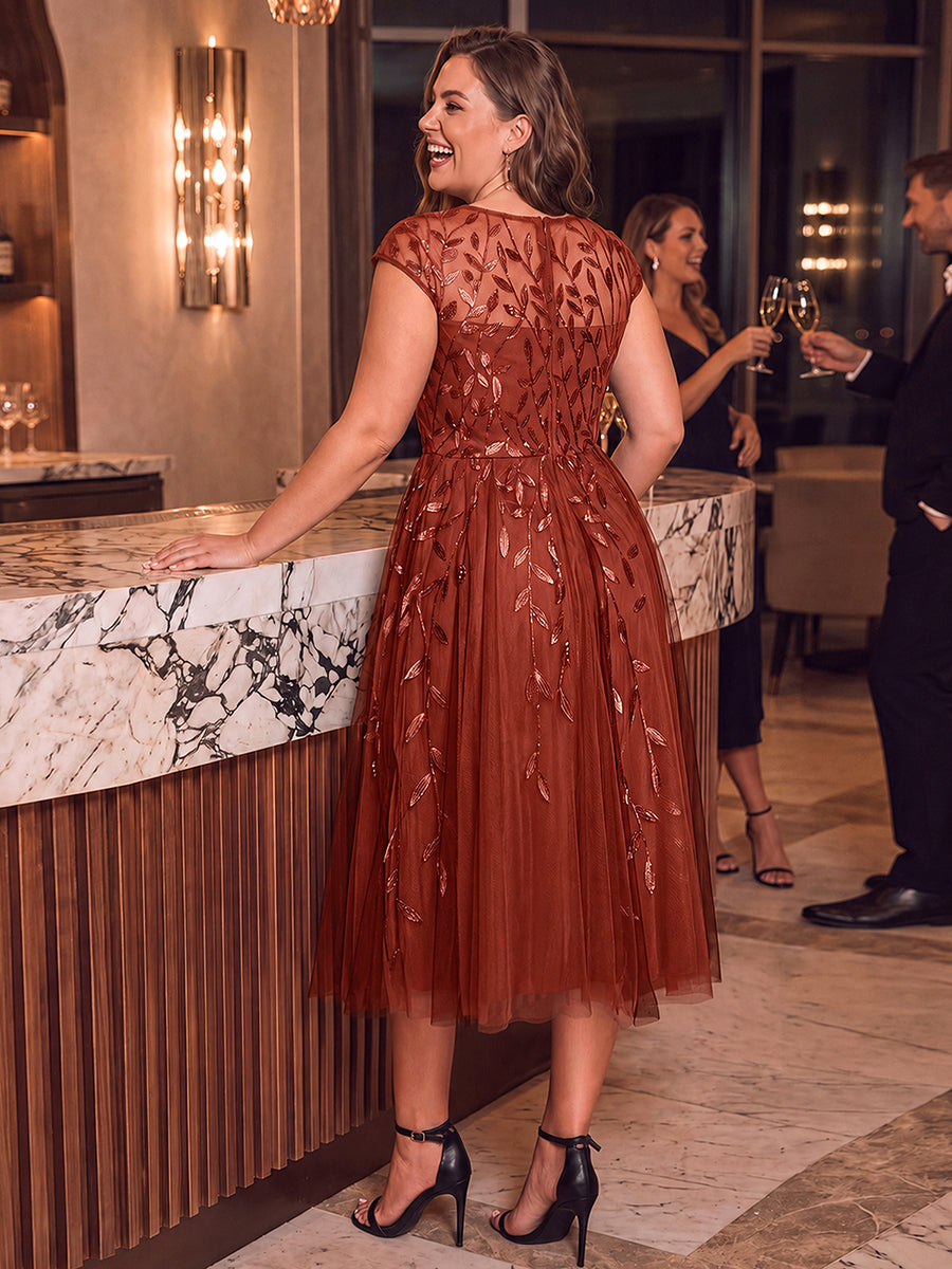 Tea L?nge A Linie Kleid Mit Rundhalsausschnitt Transparente Gestaltung Und Pailletten Kleid #Farbe_Gebranntes Orange