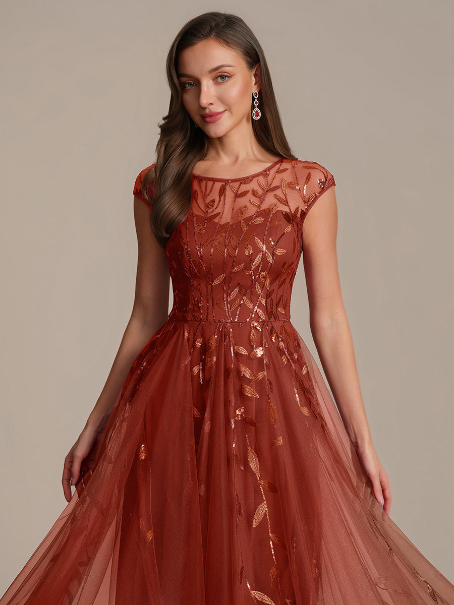 Tea L?nge A Linie Kleid Mit Rundhalsausschnitt Transparente Gestaltung Und Pailletten Kleid #Farbe_Gebranntes Orange