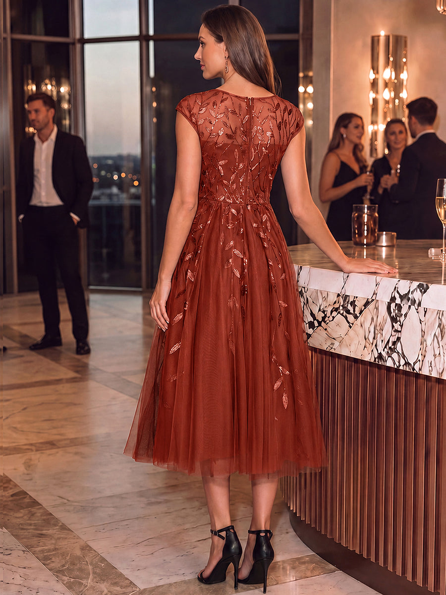 Tea L?nge A Linie Kleid Mit Rundhalsausschnitt Transparente Gestaltung Und Pailletten Kleid #Farbe_Gebranntes Orange