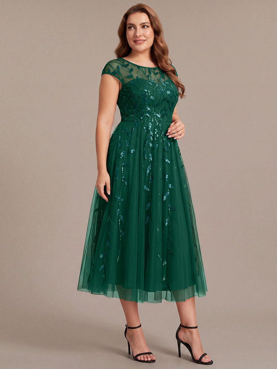 Tea L?nge A Linie Kleid Mit Rundhalsausschnitt Transparente Gestaltung Und Pailletten Kleid #Farbe_Vert Fonce