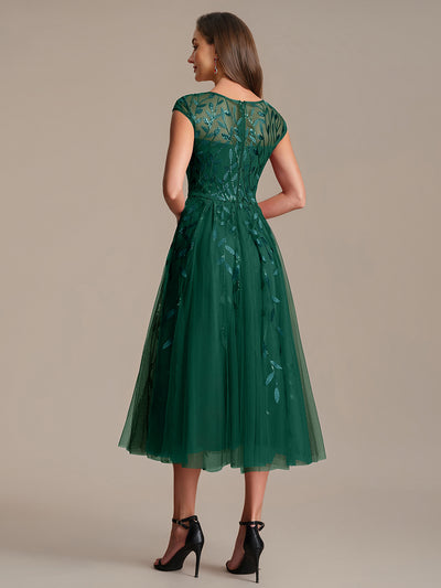 Tea L?nge A Linie Kleid Mit Rundhalsausschnitt Transparente Gestaltung Und Pailletten Kleid #Farbe_Dunkelgrün