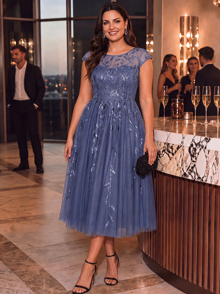 Tea L?nge A Linie Kleid Mit Rundhalsausschnitt Transparente Gestaltung Und Pailletten Kleid #Farbe_Taubenblau