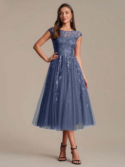 Tea L?nge A Linie Kleid Mit Rundhalsausschnitt Transparente Gestaltung Und Pailletten Kleid #Farbe_Taubenblau