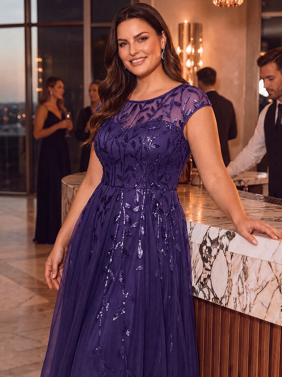 Tea L?nge A Linie Kleid Mit Rundhalsausschnitt Transparente Gestaltung Und Pailletten Kleid #Farbe_Dunkelviolett