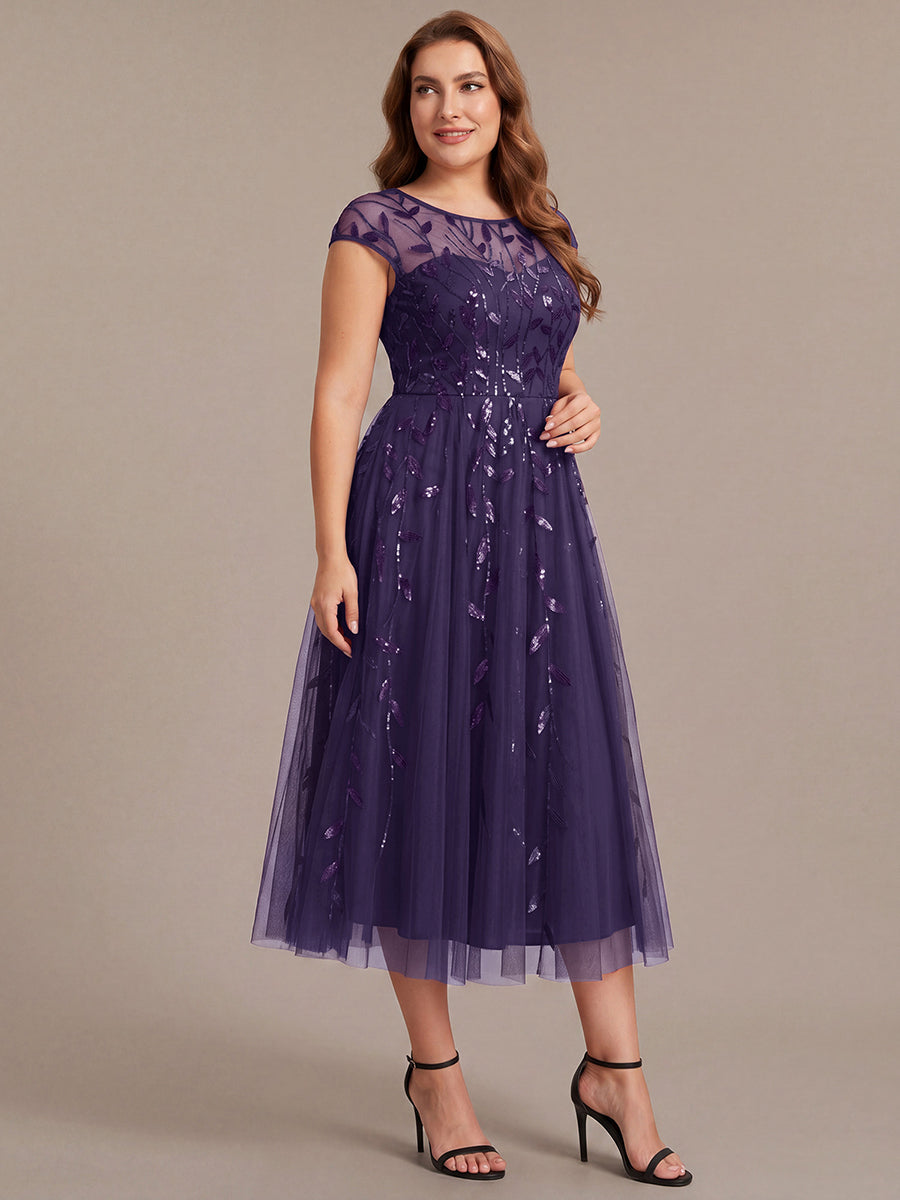 Tea L?nge A Linie Kleid Mit Rundhalsausschnitt Transparente Gestaltung Und Pailletten Kleid #Farbe_Dunkelviolett