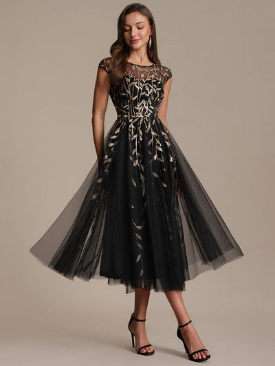 Tea L?nge A Linie Kleid Mit Rundhalsausschnitt Transparente Gestaltung Und Pailletten Kleid #Farbe_Schwarz & Gold