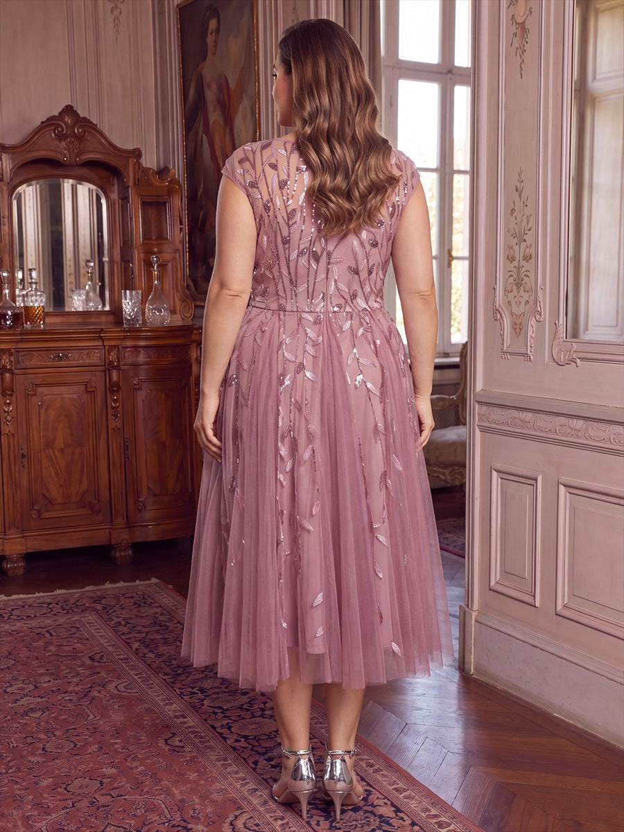 Tea L?nge A Linie Kleid Mit Rundhalsausschnitt Transparente Gestaltung Und Pailletten Kleid #Farbe_Orchideenviolett
