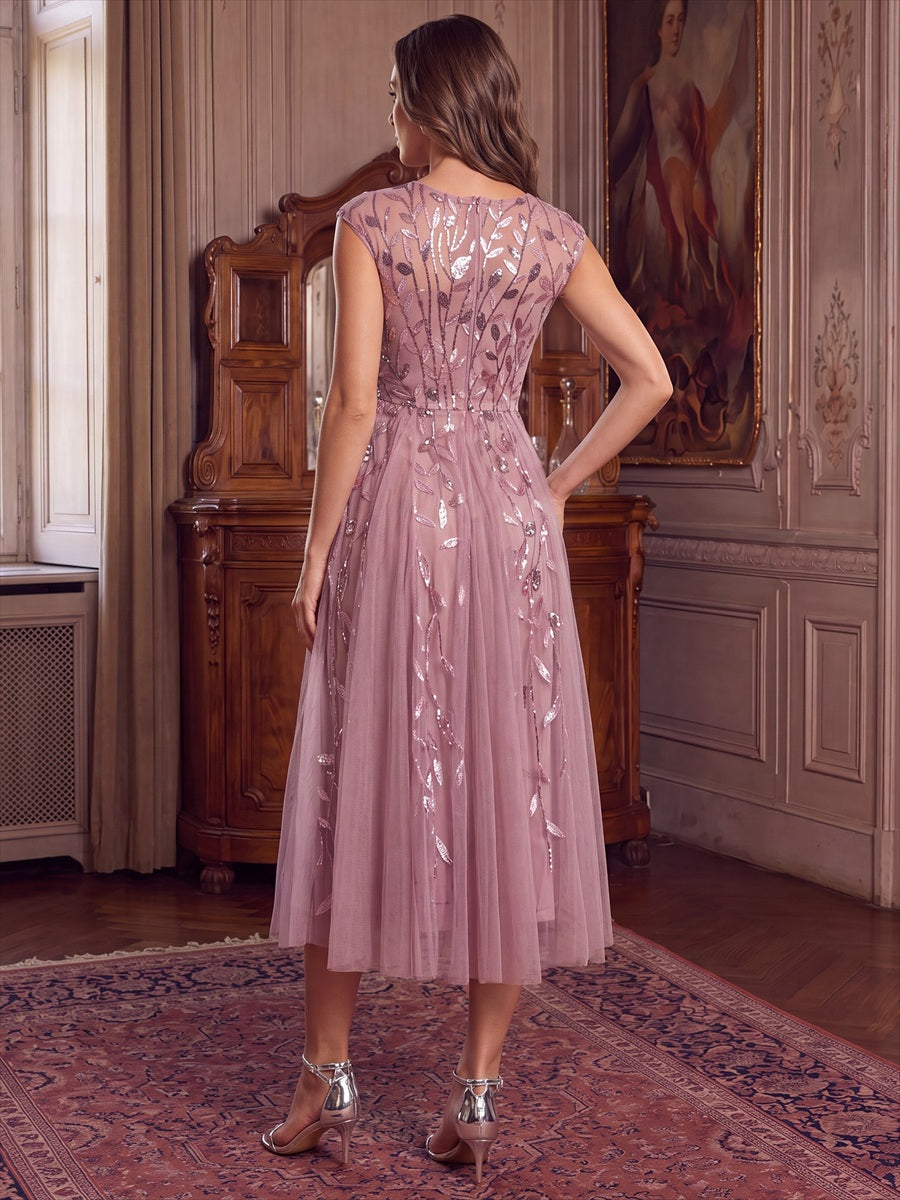 Tea L?nge A Linie Kleid Mit Rundhalsausschnitt Transparente Gestaltung Und Pailletten Kleid #Farbe_Orchideenviolett