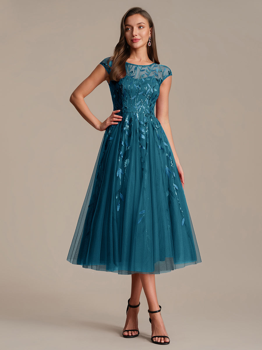 Tea L?nge A Linie Kleid Mit Rundhalsausschnitt Transparente Gestaltung Und Pailletten Kleid #Farbe_Petrol