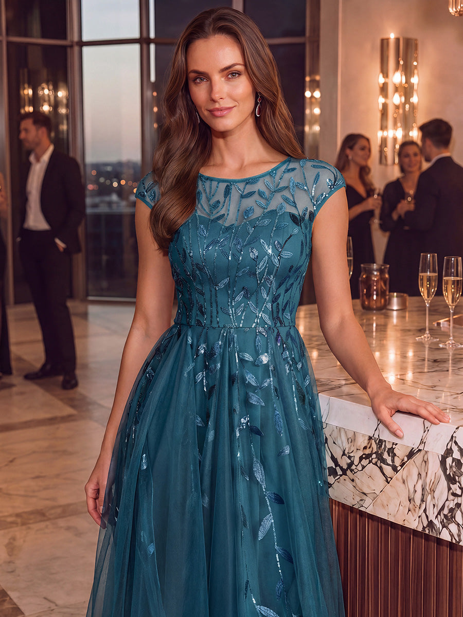 Tea L?nge A Linie Kleid Mit Rundhalsausschnitt Transparente Gestaltung Und Pailletten Kleid #Farbe_Petrol