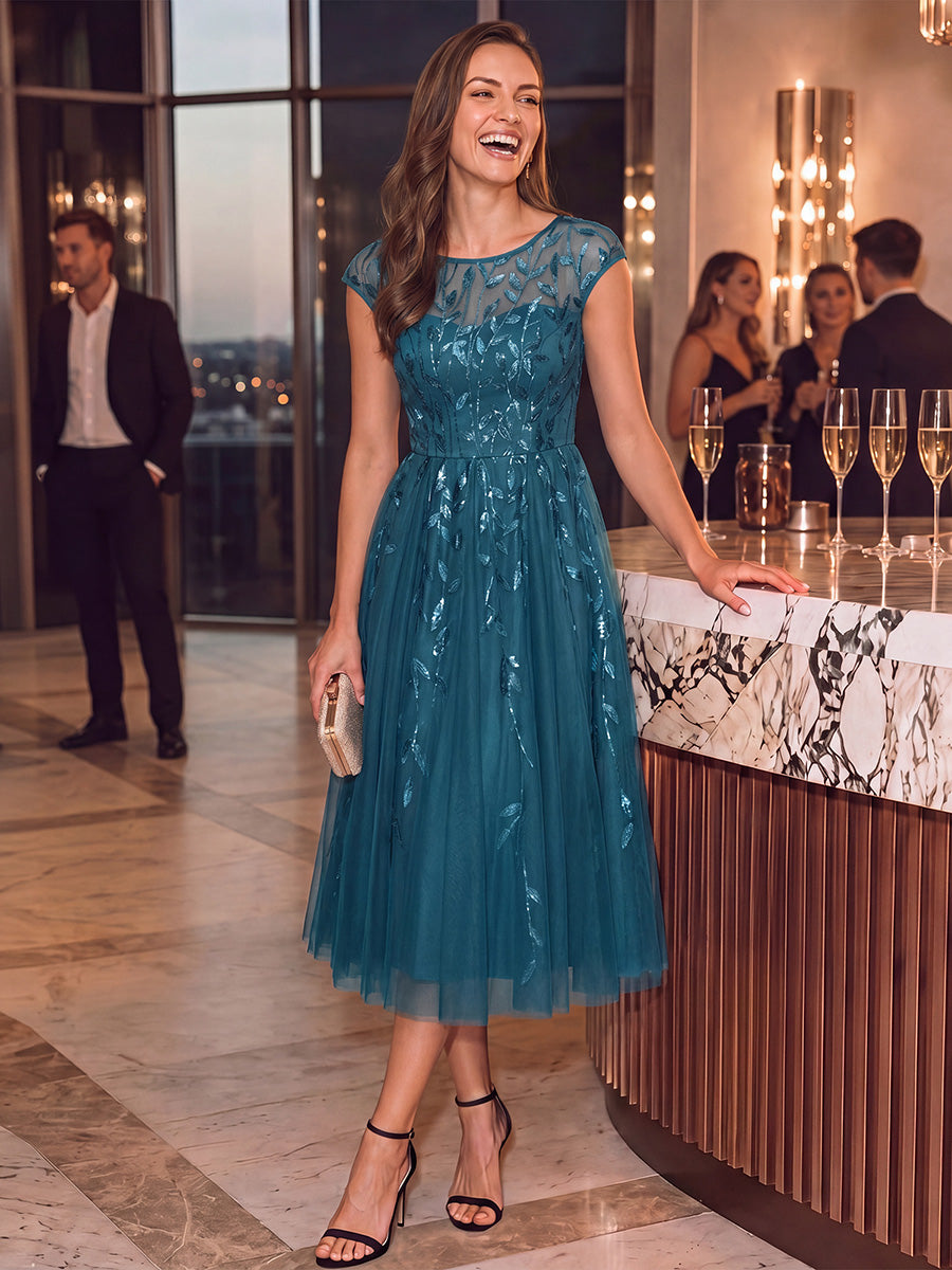 Tea L?nge A Linie Kleid Mit Rundhalsausschnitt Transparente Gestaltung Und Pailletten Kleid #Farbe_Petrol