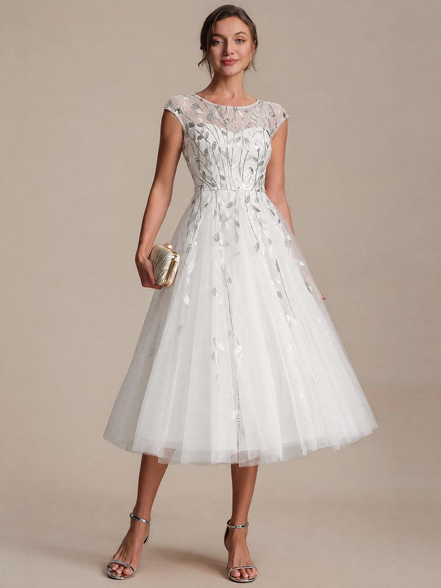 Tea L?nge A Linie Kleid Mit Rundhalsausschnitt Transparente Gestaltung Und Pailletten Kleid #Farbe_Weiß