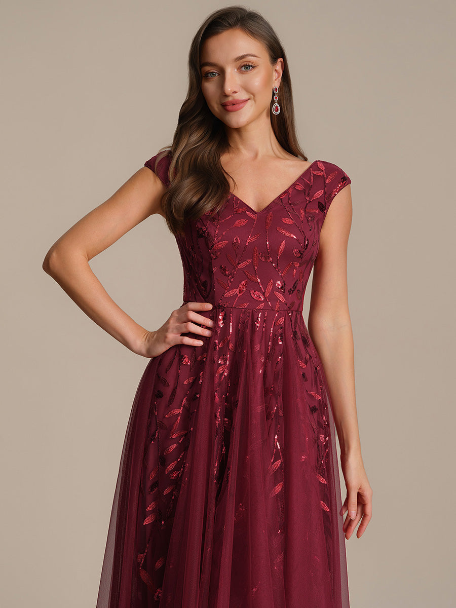 Midi Pailletten A-Linie Kleid Mit V-Ausschnitt Und Patchwork Details #Farbe_Burgunderrot