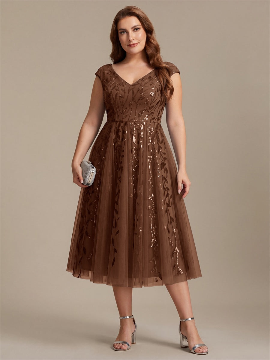 Midi Pailletten A-Linie Kleid Mit V-Ausschnitt Und Patchwork Details #Farbe_Braun