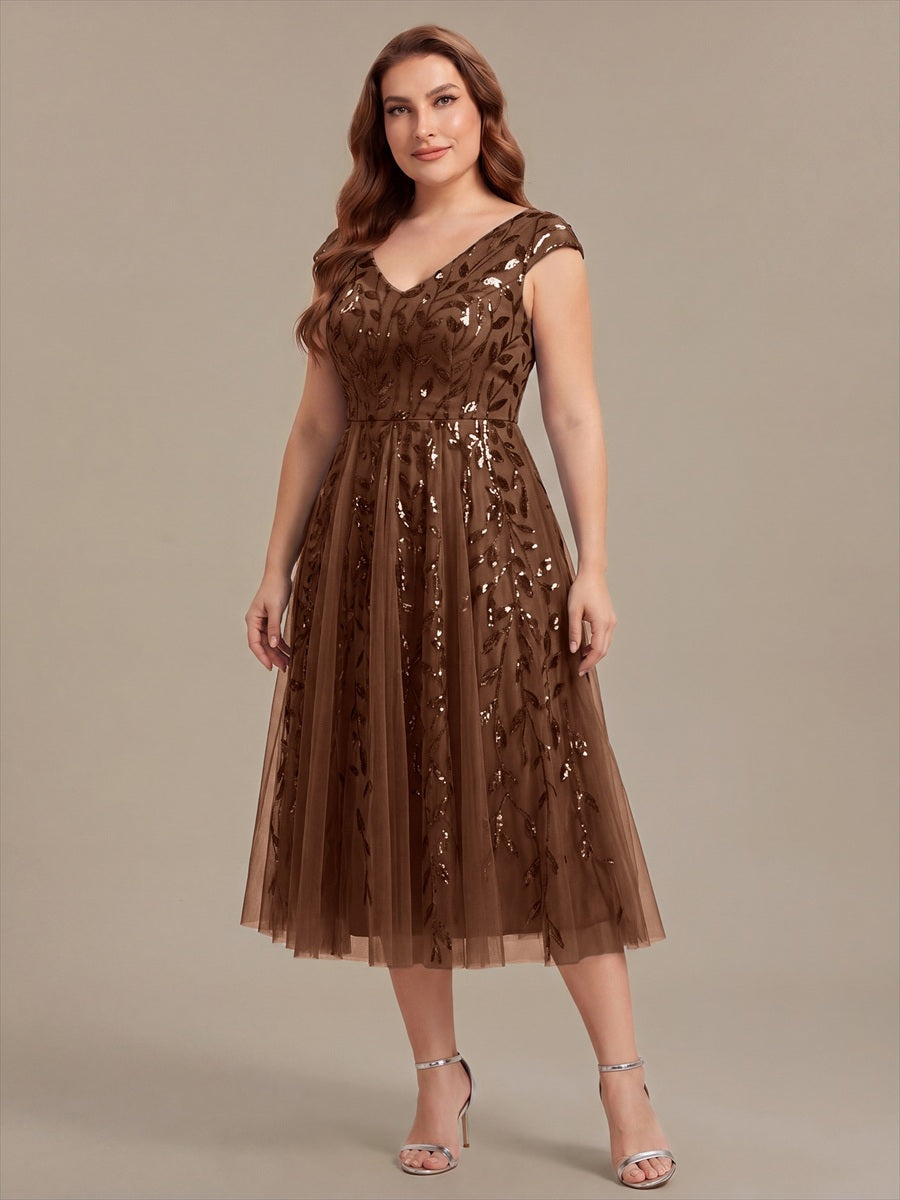 Midi Pailletten A-Linie Kleid Mit V-Ausschnitt Und Patchwork Details #Farbe_Braun