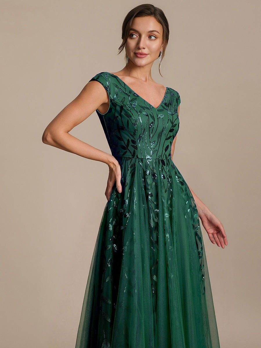 Midi Pailletten A-Linie Kleid Mit V-Ausschnitt Und Patchwork Details #Farbe_Dunkelgrün