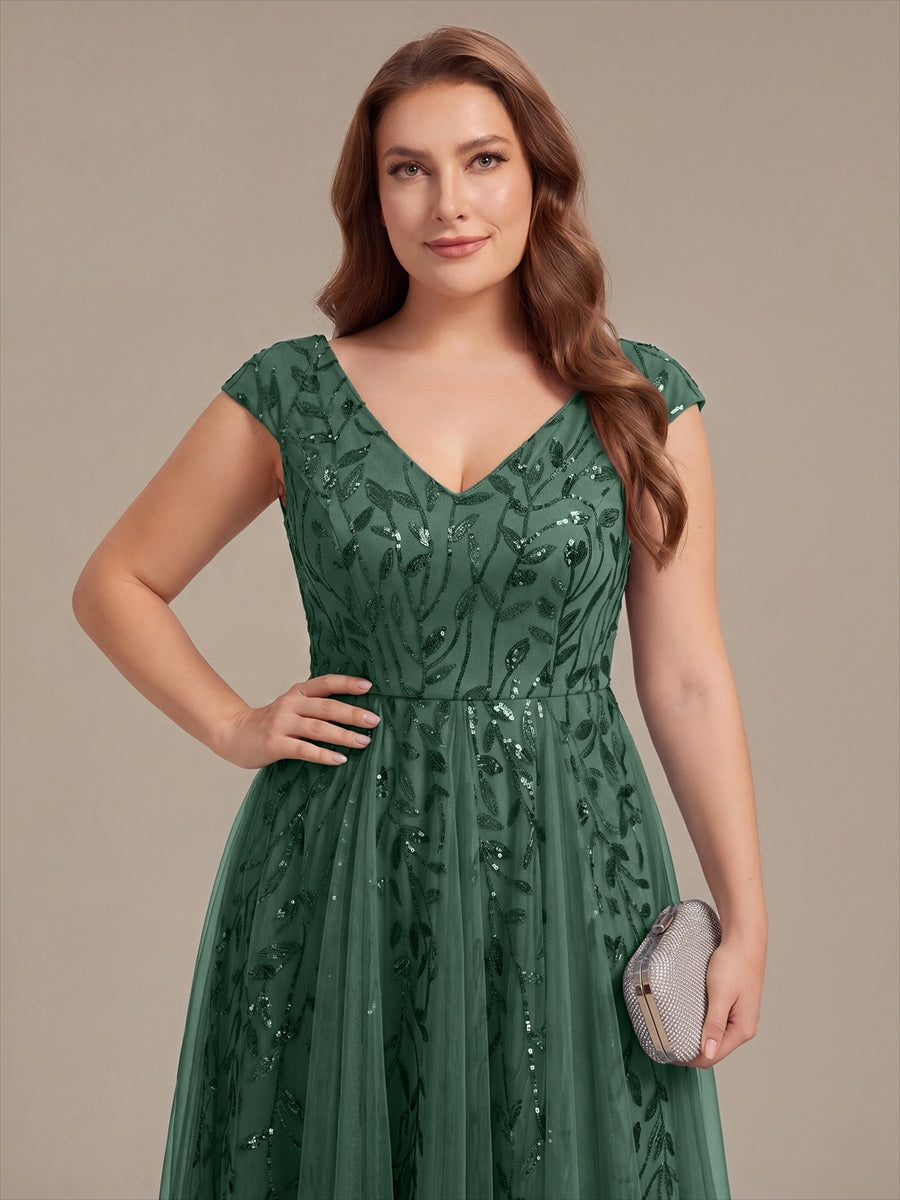Midi Pailletten A-Linie Kleid Mit V-Ausschnitt Und Patchwork Details #Farbe_Eukalyptus