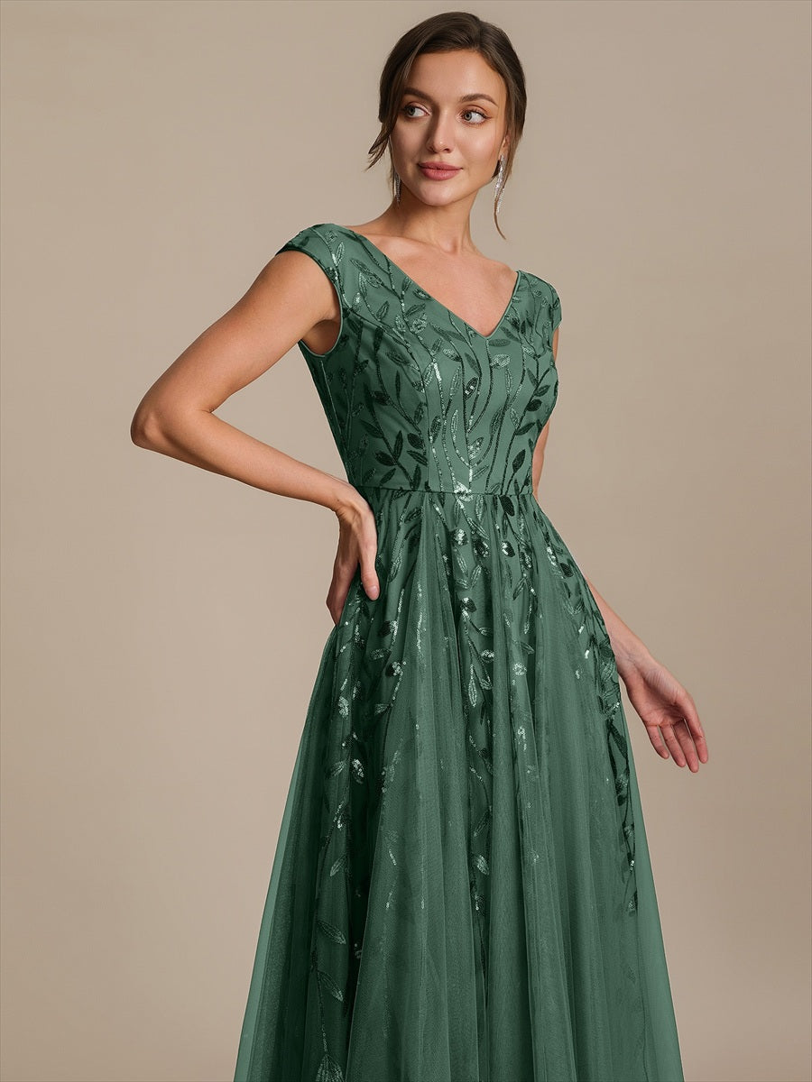 Midi Pailletten A-Linie Kleid Mit V-Ausschnitt Und Patchwork Details #Farbe_Eukalyptus