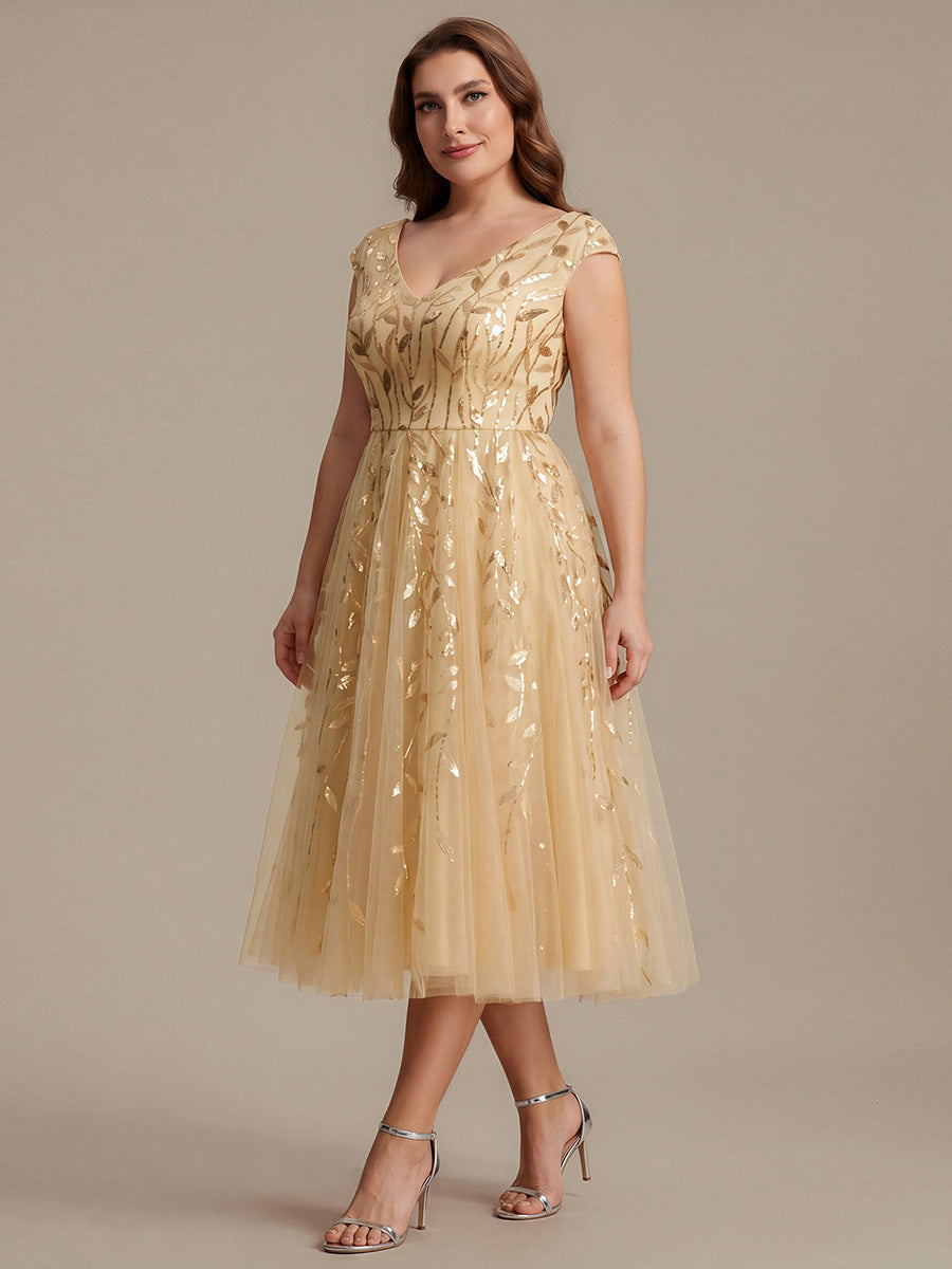 Midi Pailletten A-Linie Kleid Mit V-Ausschnitt Und Patchwork Details #Farbe_Gold