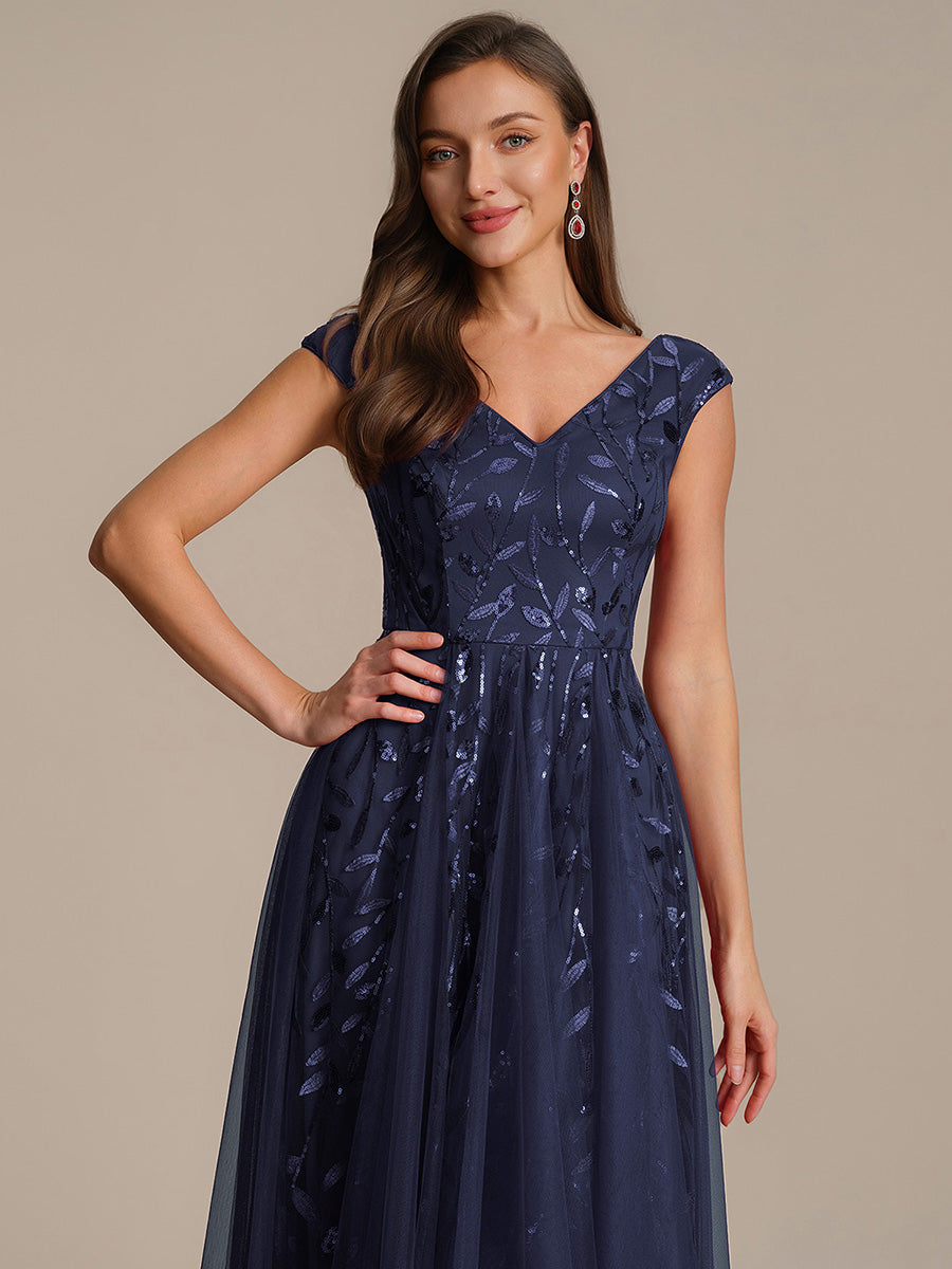 Midi Pailletten A-Linie Kleid Mit V-Ausschnitt Und Patchwork Details #Farbe_Marineblau