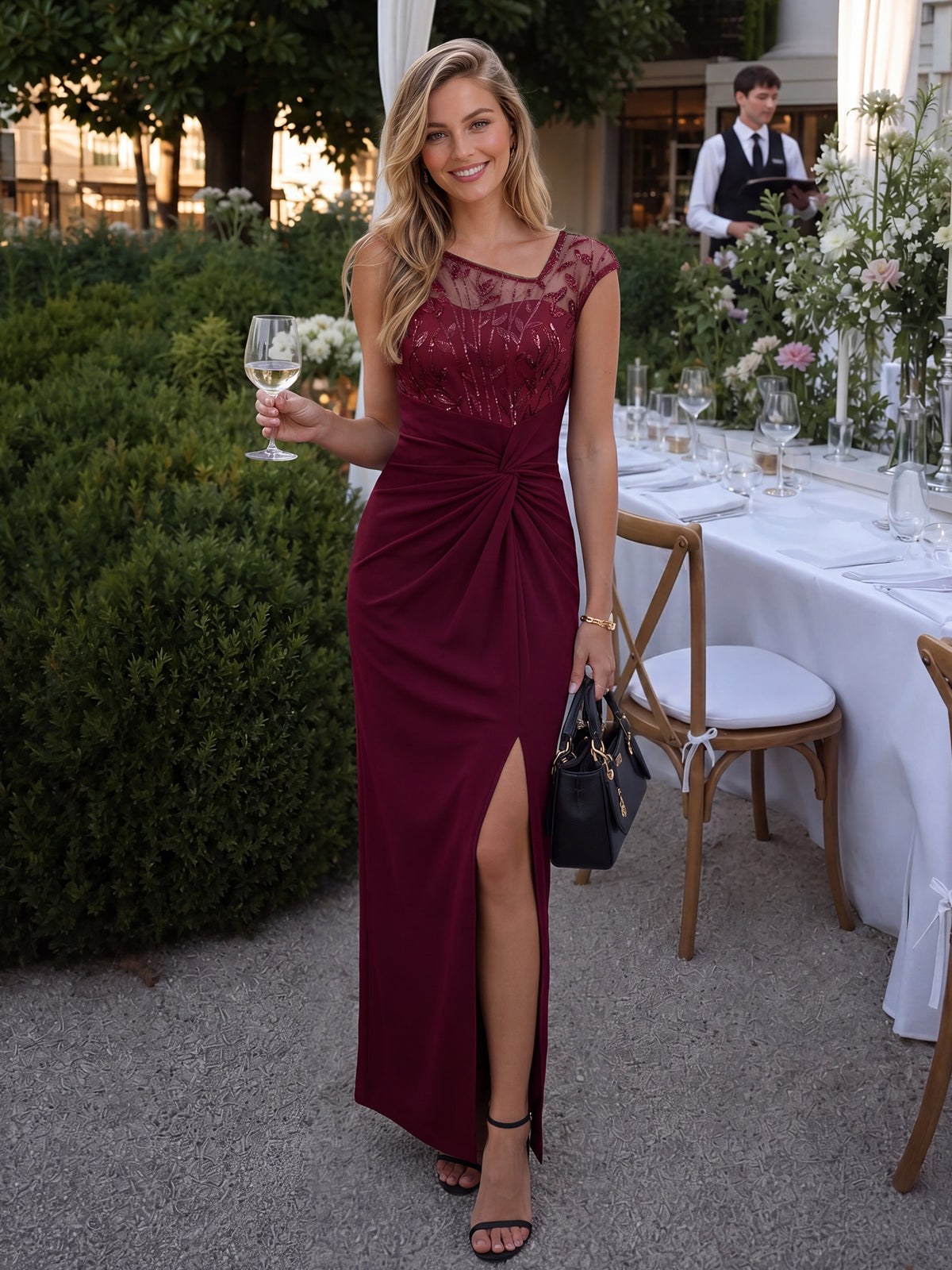 Maxi Asymmetrisches Bodycon Krepp Kleid Mit Oberschenkel Hohem Schlitz Und Pailletten Details Kleid #Farbe_Burgunderrot