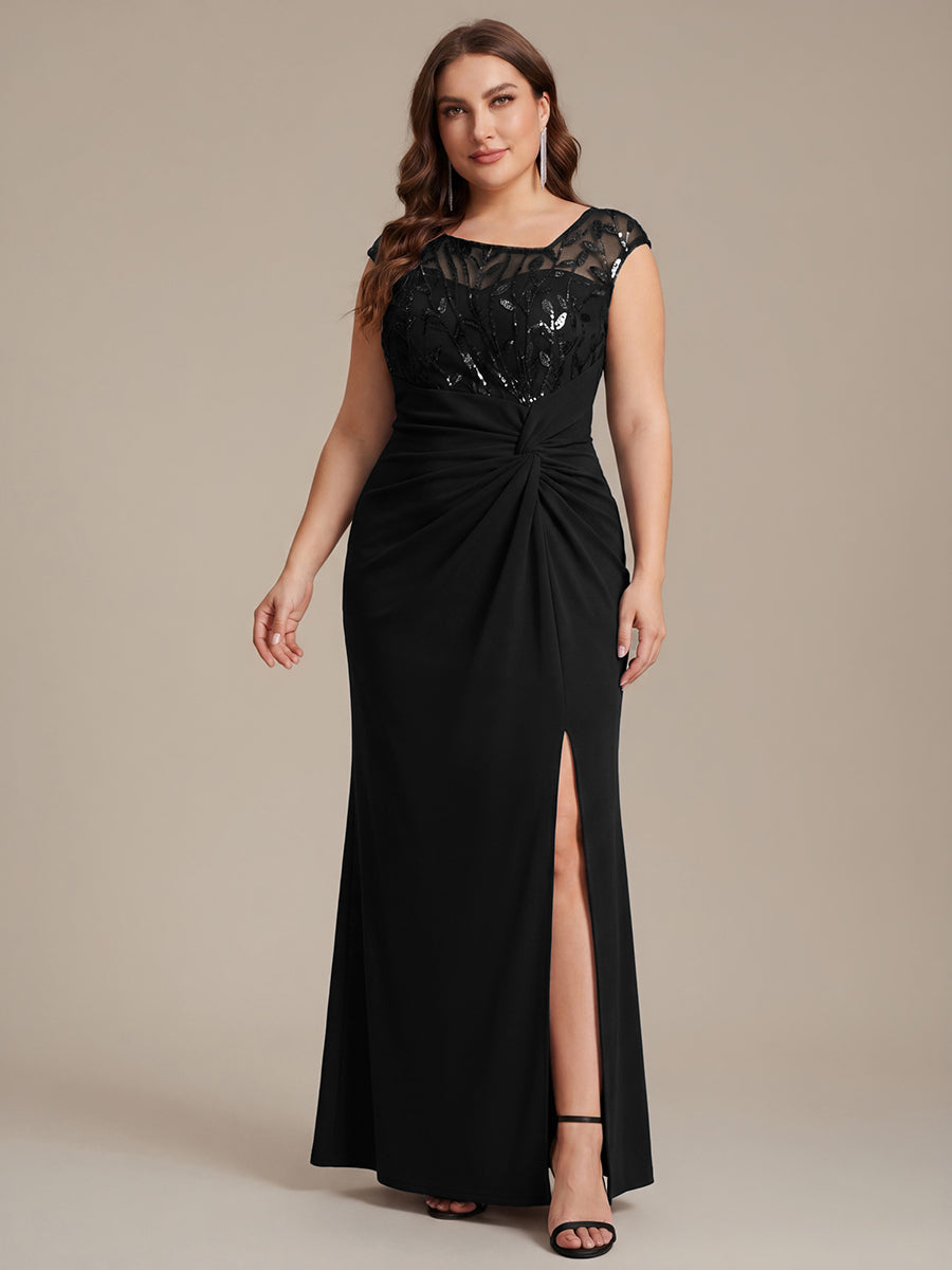 Maxi Asymmetrisches Bodycon Krepp Kleid Mit Oberschenkel Hohem Schlitz Und Pailletten Details Kleid #Farbe_Schwarz