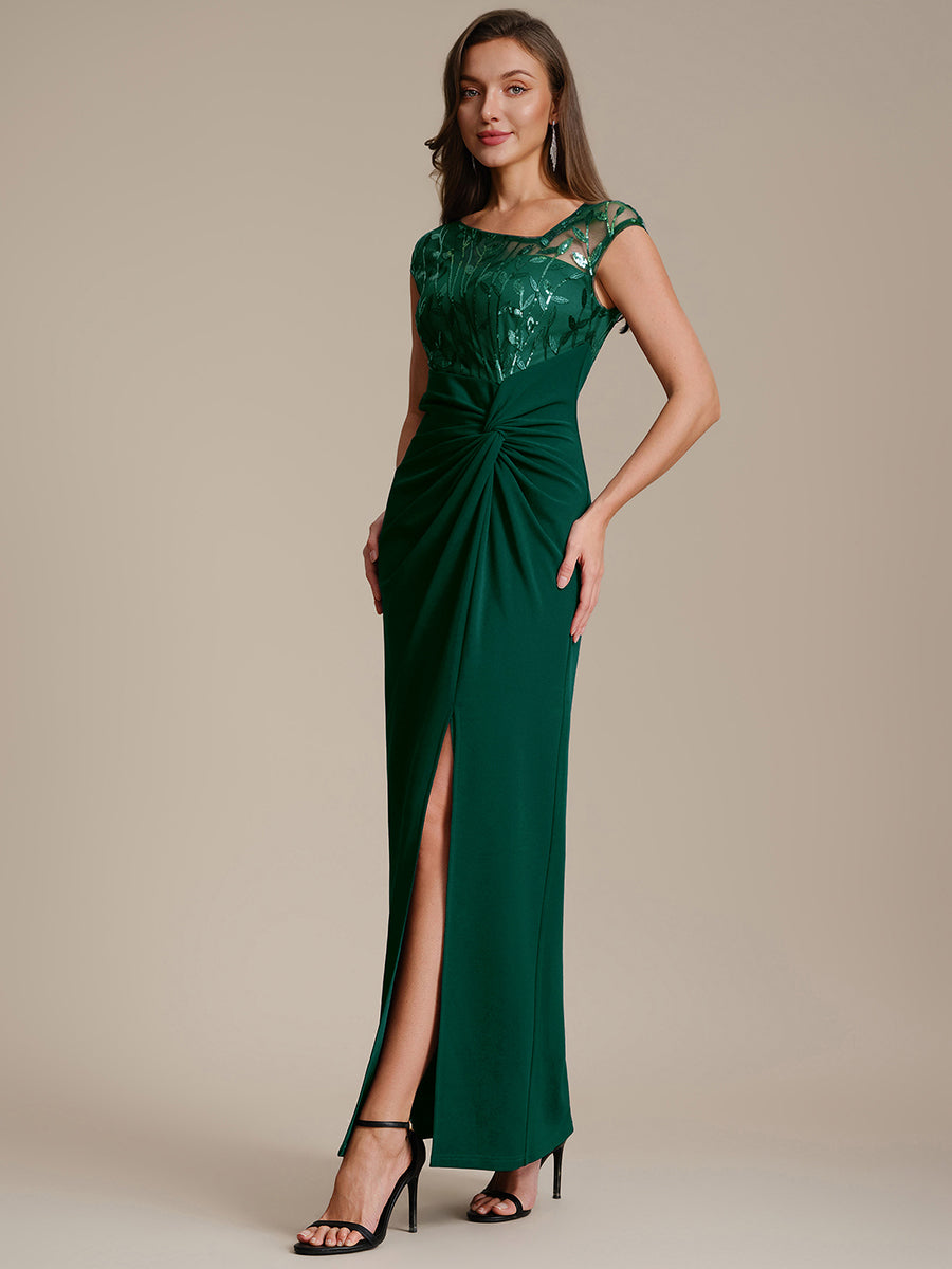 Maxi Asymmetrisches Bodycon Krepp Kleid Mit Oberschenkel Hohem Schlitz Und Pailletten Details Kleid #Farbe_Dunkelgrün