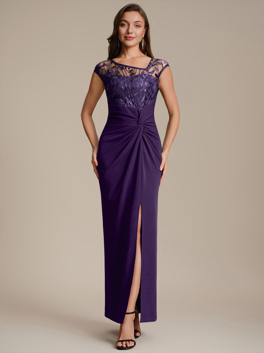 Maxi Asymmetrisches Bodycon Krepp Kleid Mit Oberschenkel Hohem Schlitz Und Pailletten Details Kleid #Farbe_Dunkelviolett