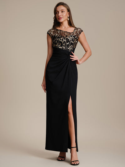 Maxi Asymmetrisches Bodycon Krepp Kleid Mit Oberschenkel Hohem Schlitz Und Pailletten Details Kleid #Farbe_Schwarz & Gold