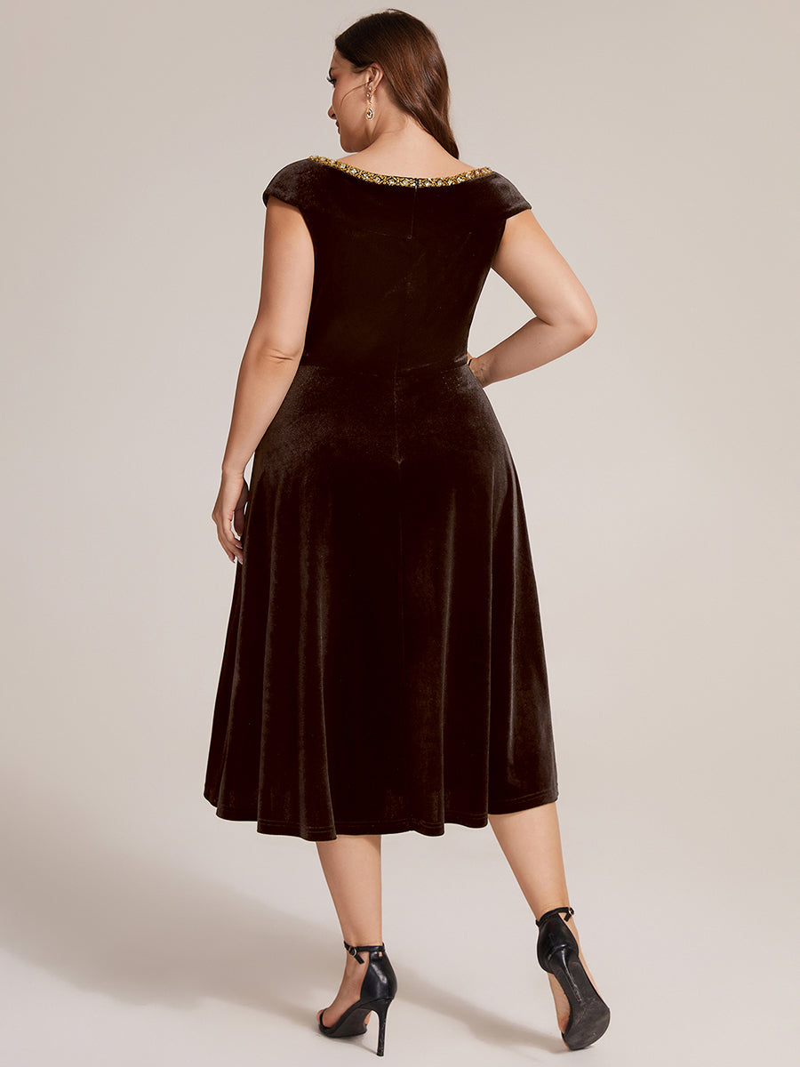 Samt V-Ausschnitt A-Linie Reißverschluss hinten Ohne Brustpolster, mit Futter. hochzeitsgastkleid #Farbe_Braun