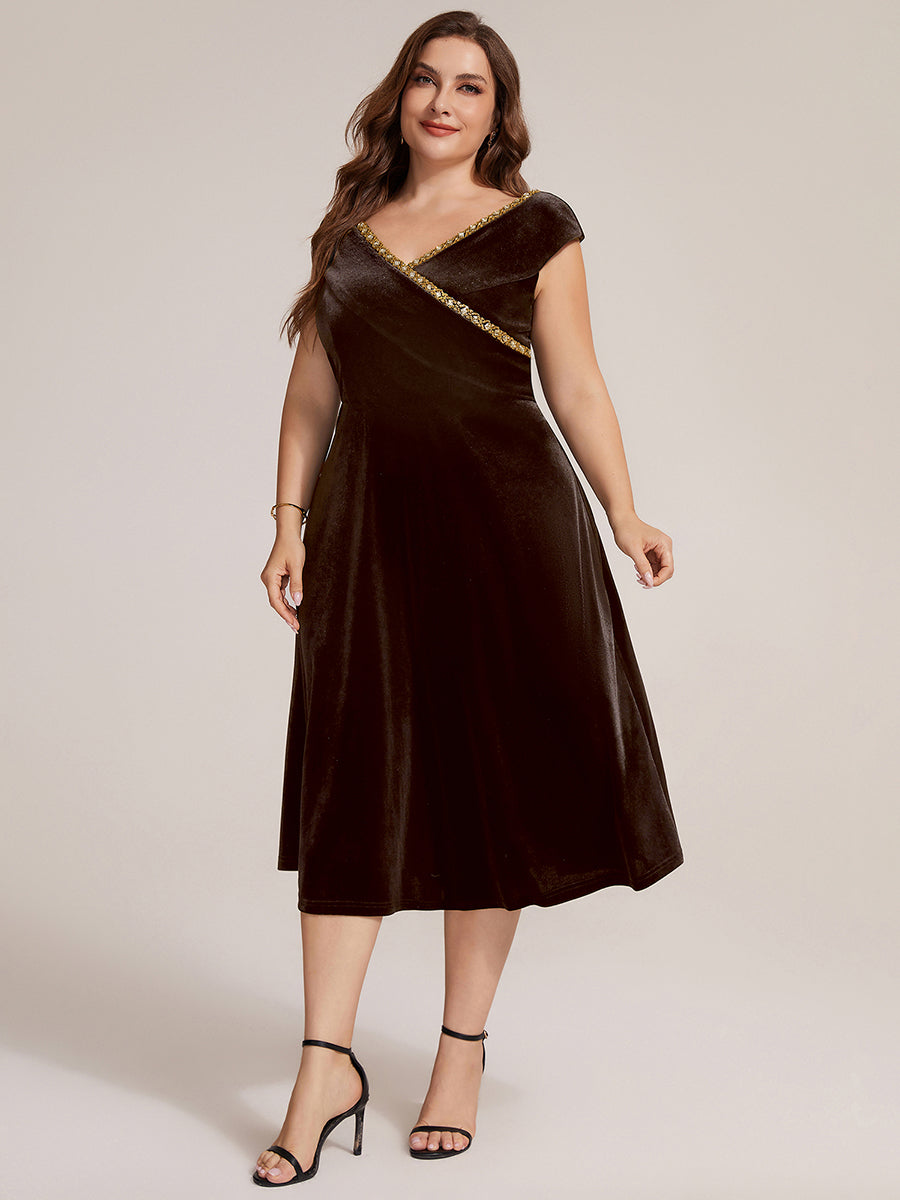 Samt V-Ausschnitt A-Linie Reißverschluss hinten Ohne Brustpolster, mit Futter. hochzeitsgastkleid #Farbe_Braun