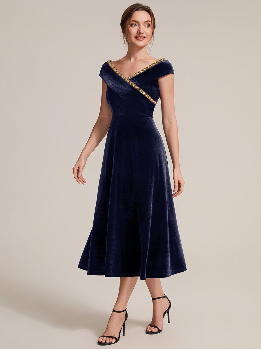 Samt V-Ausschnitt A-Linie Reißverschluss hinten Ohne Brustpolster, mit Futter. hochzeitsgastkleid #Farbe_Marineblau