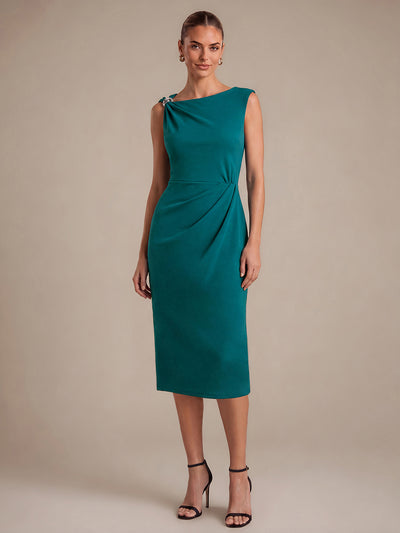 Midi Tea L?nge Etui Kleid Asymmetrischer Ausschnitt Krepp Elegante Passform Besondere Anl?sse #Farbe_Petrol