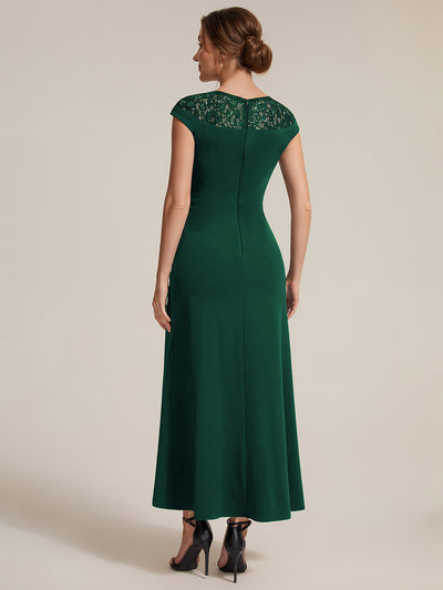 Asymmetrischer Saum Kleid Runder Ausschnitt A-Linien Kleid Krepp Transparent Pailletten Binden #Farbe_Dunkelgrün