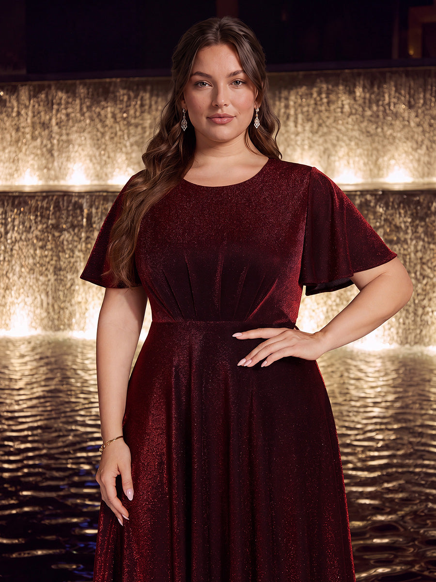 Midi Tea L?nge A Linie Kleid Runder Ausschnitt Lurex Netzstoff 3D Drapierung Eleganter Look #Farbe_Burgunderrot