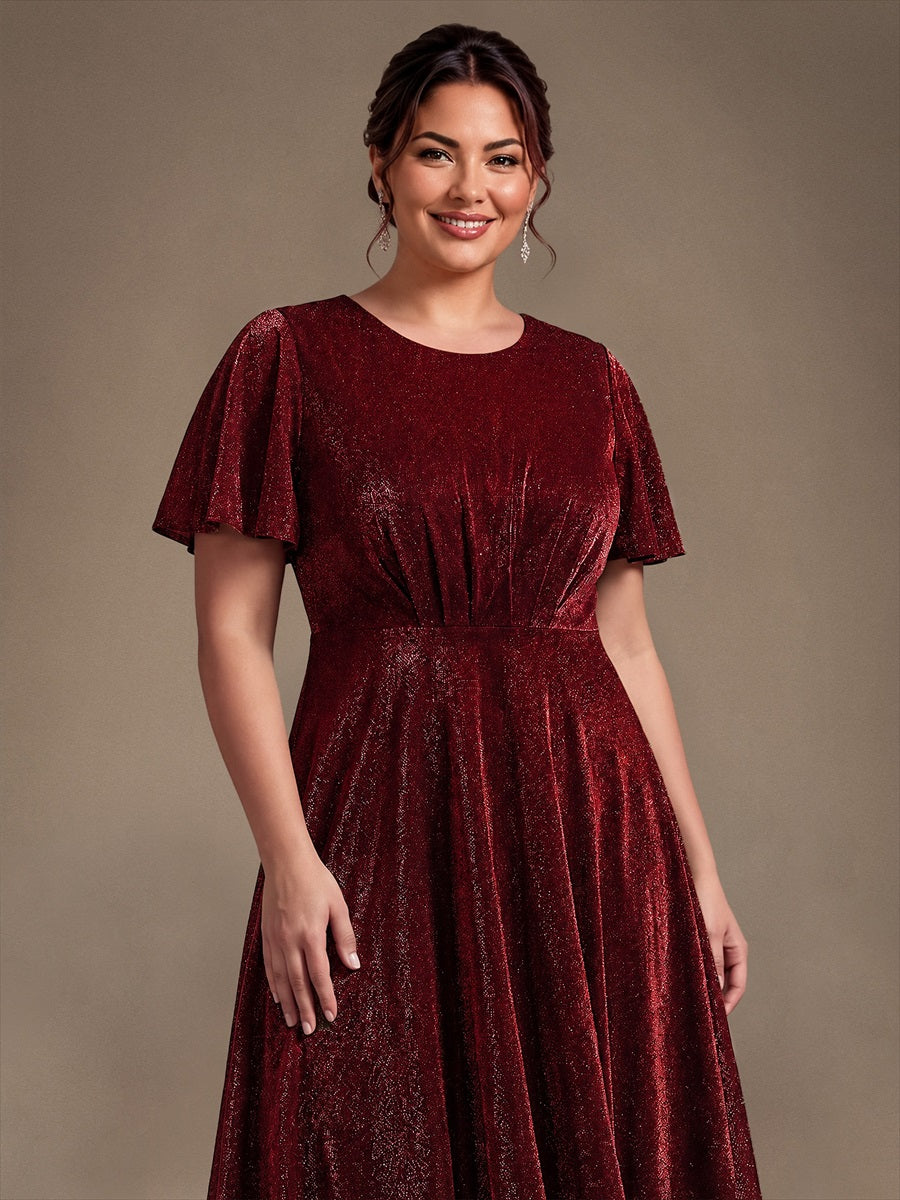 Midi Tea L?nge A Linie Kleid Runder Ausschnitt Lurex Netzstoff 3D Drapierung Eleganter Look #Farbe_Burgunderrot