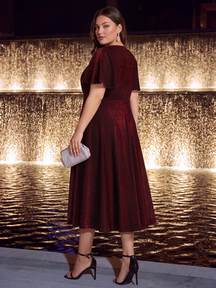 Midi Tea L?nge A Linie Kleid Runder Ausschnitt Lurex Netzstoff 3D Drapierung Eleganter Look #Farbe_Burgunderrot