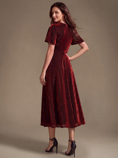 Midi Tea L?nge A Linie Kleid Runder Ausschnitt Lurex Netzstoff 3D Drapierung Eleganter Look #Farbe_Burgunderrot