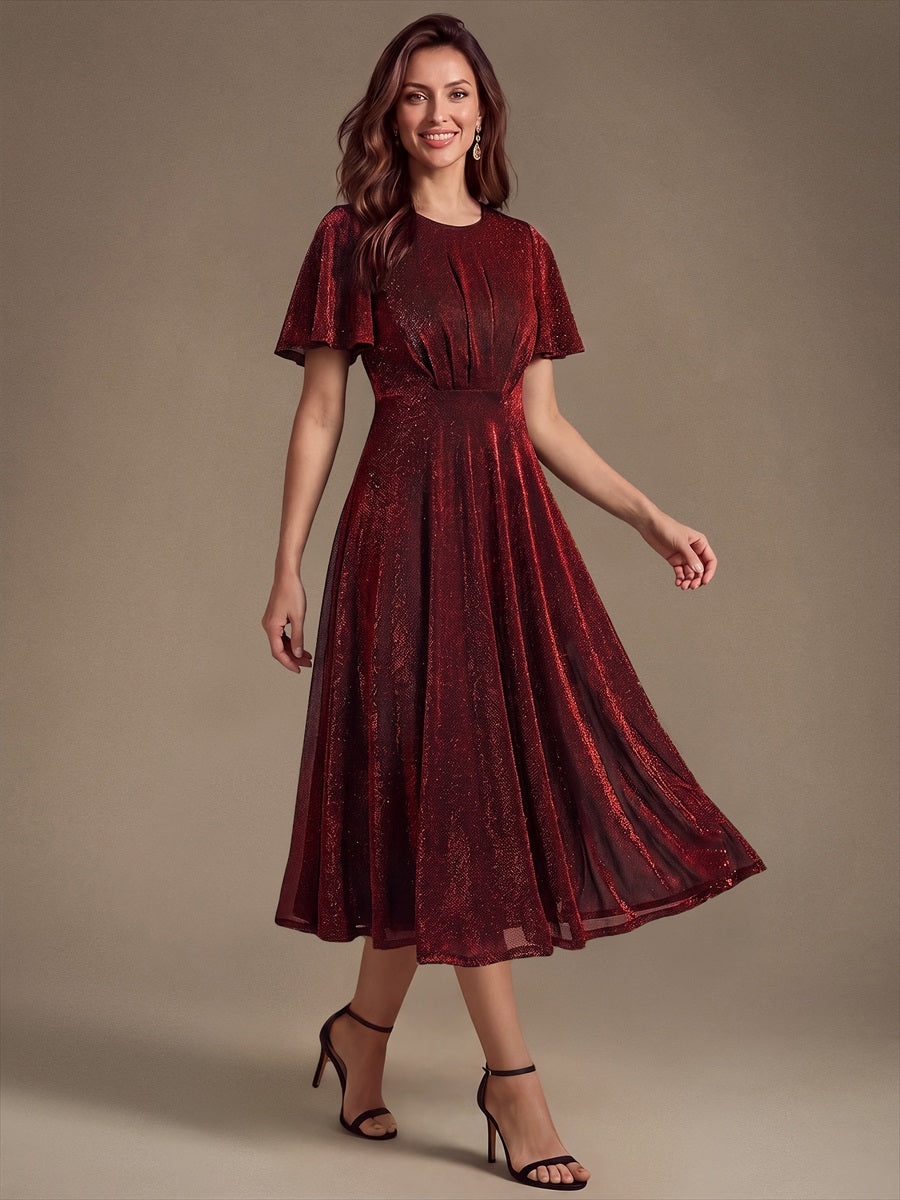 Midi Tea L?nge A Linie Kleid Runder Ausschnitt Lurex Netzstoff 3D Drapierung Eleganter Look #Farbe_Burgunderrot