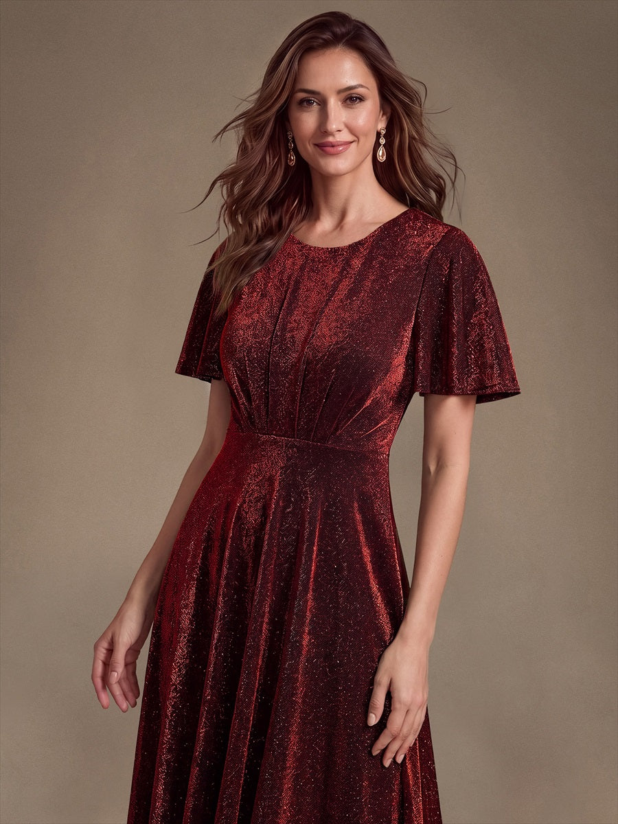 Midi Tea L?nge A Linie Kleid Runder Ausschnitt Lurex Netzstoff 3D Drapierung Eleganter Look #Farbe_Burgunderrot